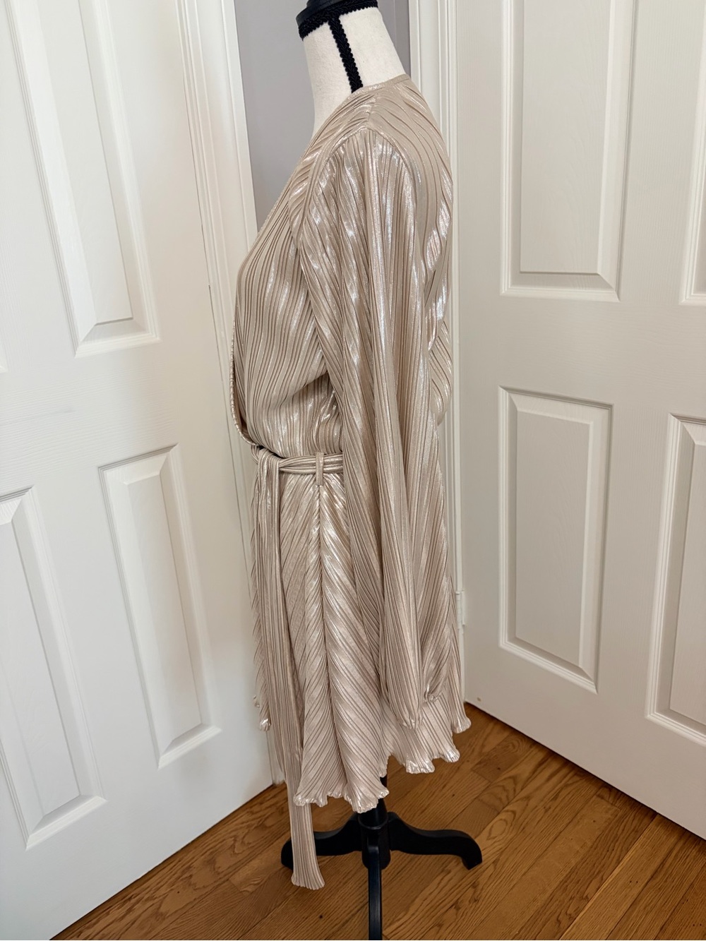 Bardot Metallic Pleated Wrap Dress in Champagne Beige - Picture 5 of 6